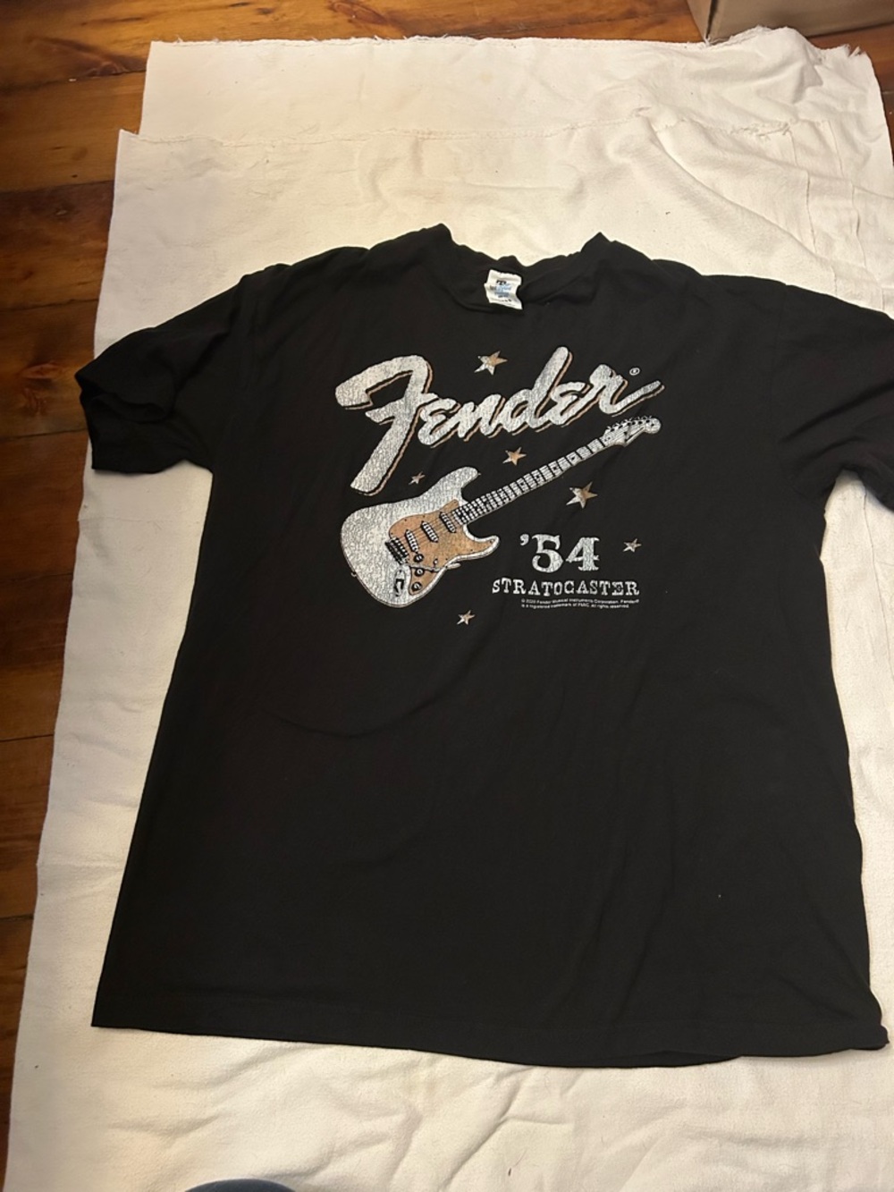 Fender Black Graphic Tee with Metallic Guitar Script large 54 Stratocaster
